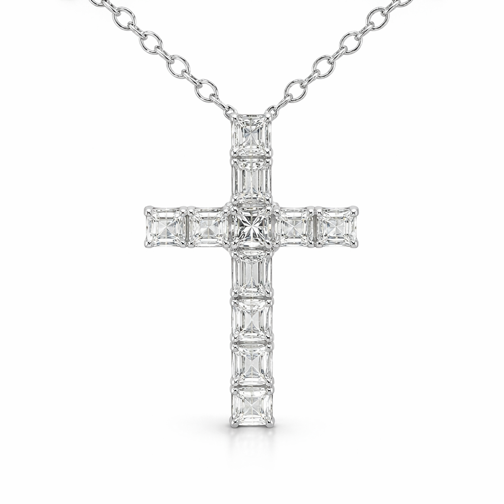 Asscher cut diamond cross pendant on 18ct white gold necklace, elegant jewelry from Appleby Jewellers Dublin