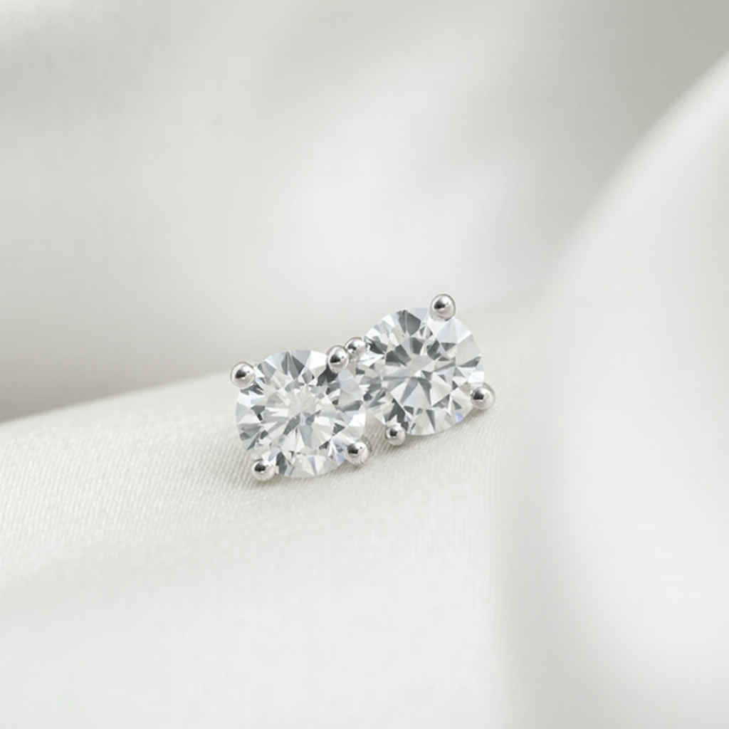 Pair of diamond stud earrings on a white background