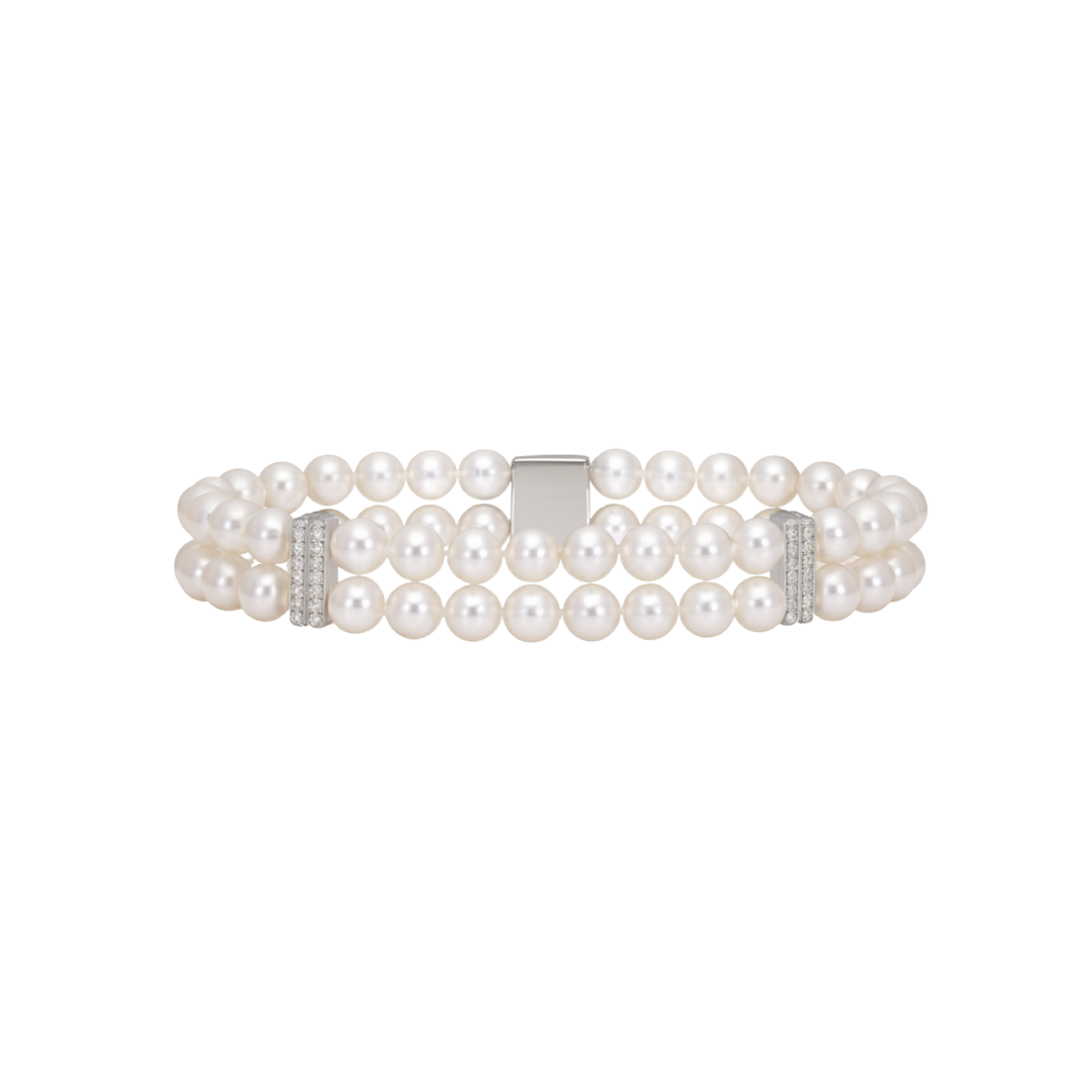 Elegant double row bracelet with diamonds and pearls from Appleby Jewellers Dublin, showcasing sparkling diamonds and lustrous pearls.