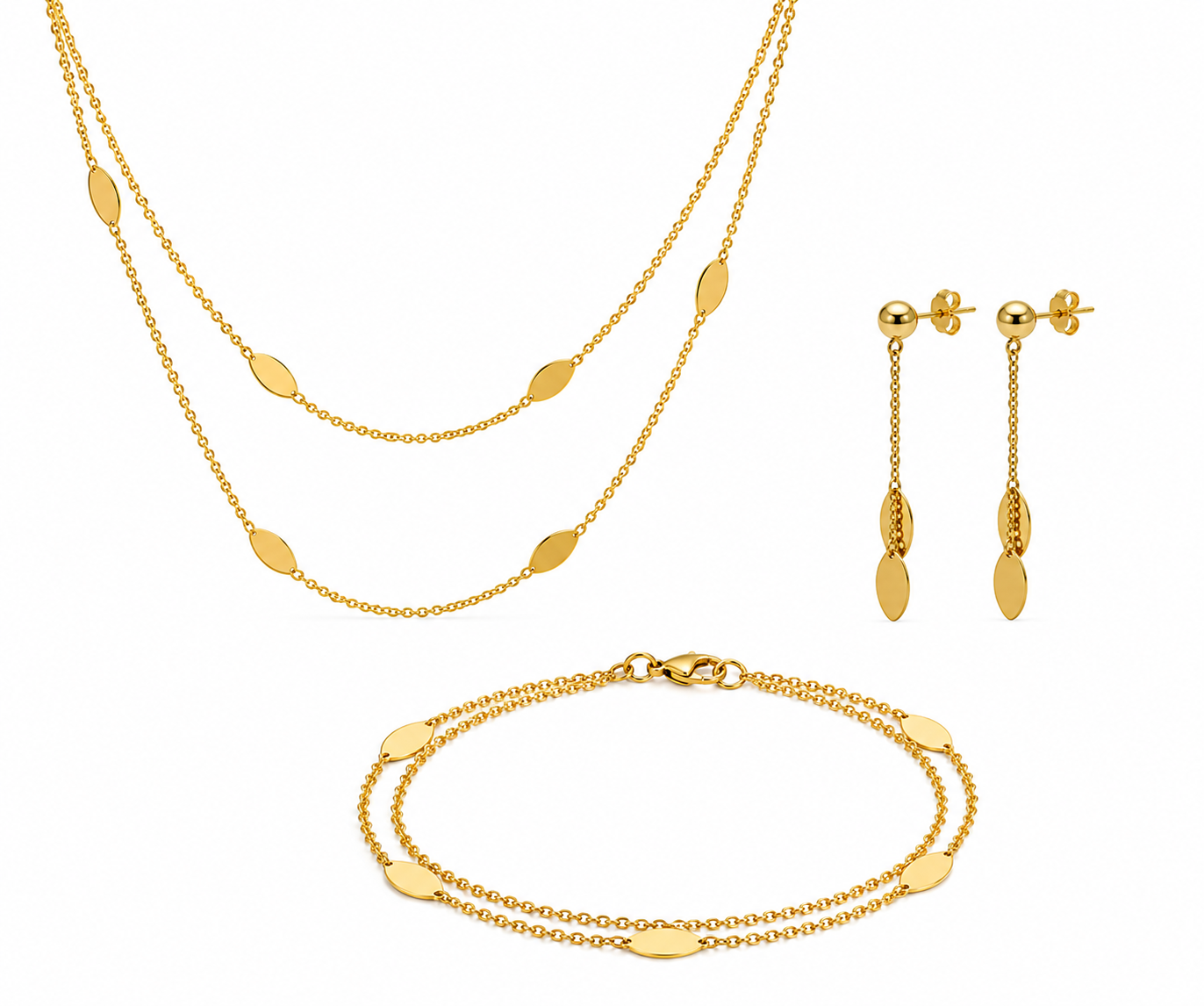 Elegant double strand necklace, bracelet, and earrings set by Appleby Jewellers Dublin, featuring coordinated jewelry pieces.