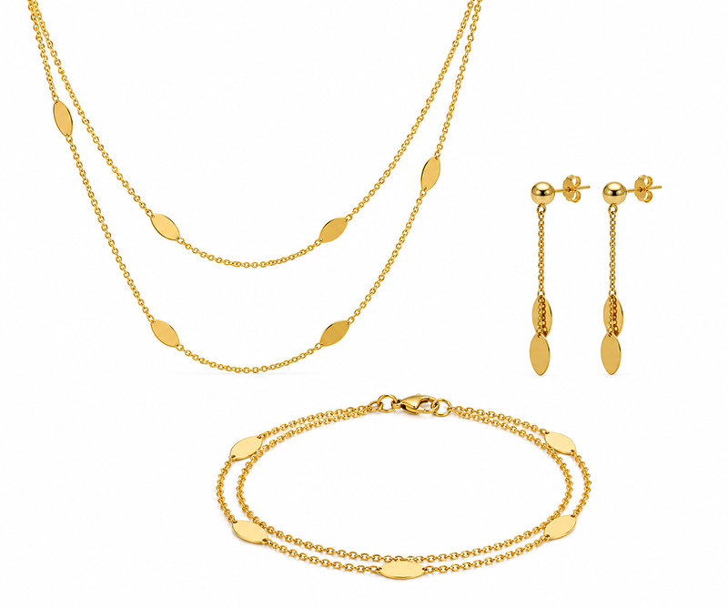 Elegant double strand necklace, bracelet, and earrings set by Appleby Jewellers Dublin, featuring coordinated jewelry pieces.