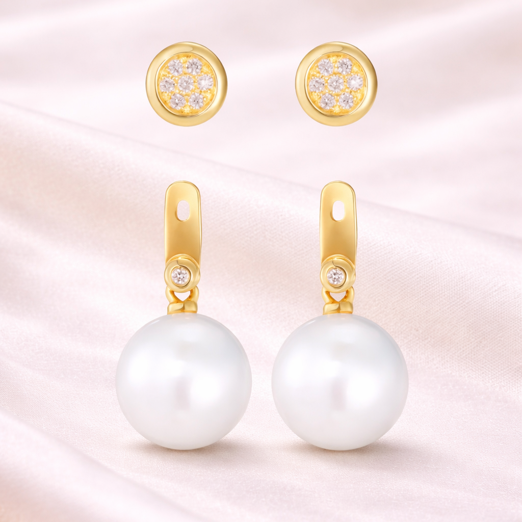Elegant gold and pearl disc earrings with diamond accents, showcasing a stylish and sophisticated design by Appleby Jewellers Dublin.