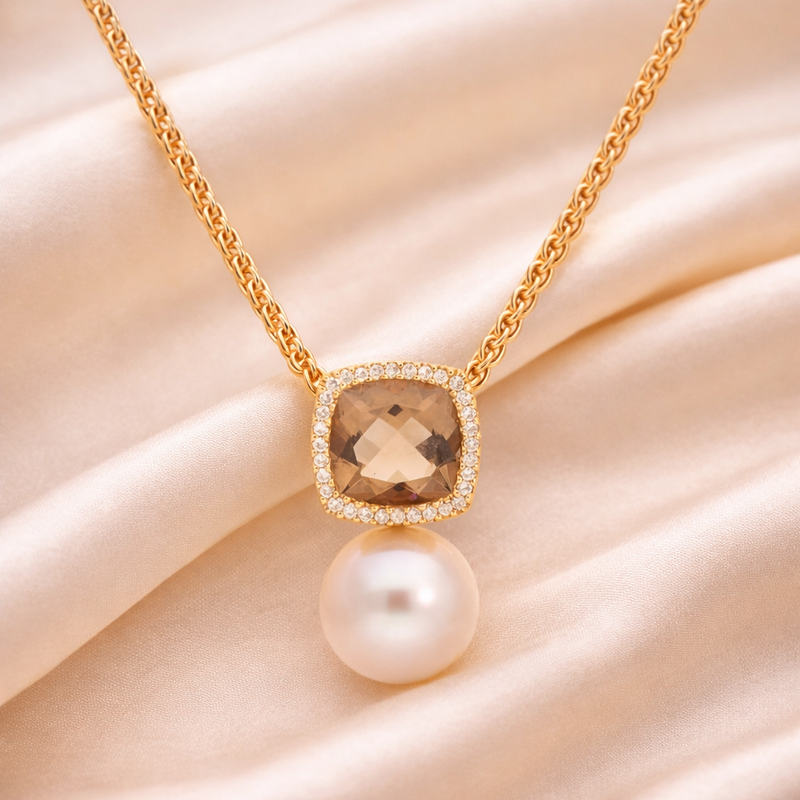 Elegant Evening Rose pendant necklace by Appleby Jewellers Dublin displayed on silk fabric.