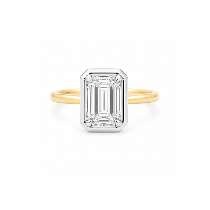 Emerald cut bezel diamond ring with 2.01 carats from Appleby Jewellers Dublin, showcasing the elegant design and sparkling gemstone.