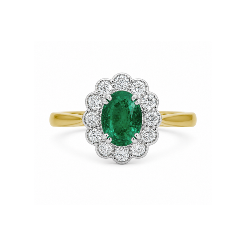 Emerald diamond ring with 0.77ct Kate Flower design by Appleby Jewellers Dublin, showcasing a vibrant green gemstone and elegant band.