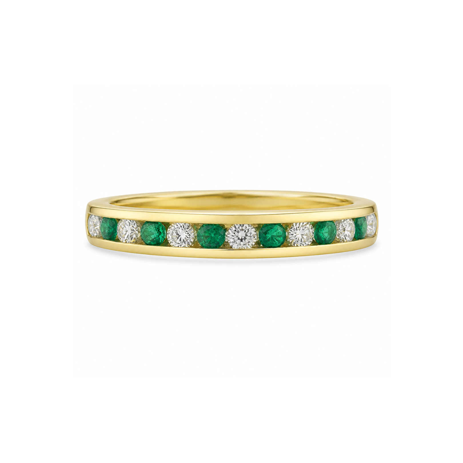 Emerald and diamond eternity ring by Appleby Jewellers Dublin featuring a continuous band of emeralds and sparkling diamonds.