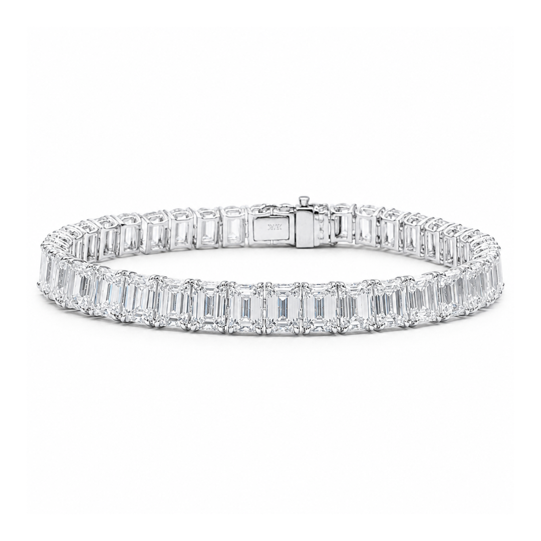 Emerald cut tennis bracelet with sparkling gemstones from Appleby Jewellers Dublin, showcasing elegant jewelry design.