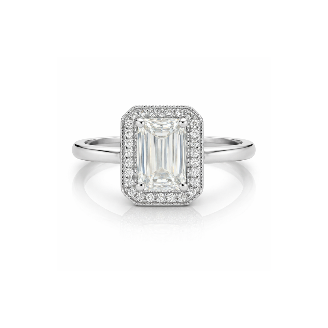 The Corrine – 1.01ct Emerald Cut Diamond Halo Ring - Appleby Jewellers Dublin