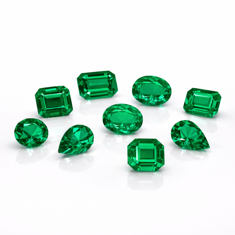 Collection of green emerald gemstones on a white background