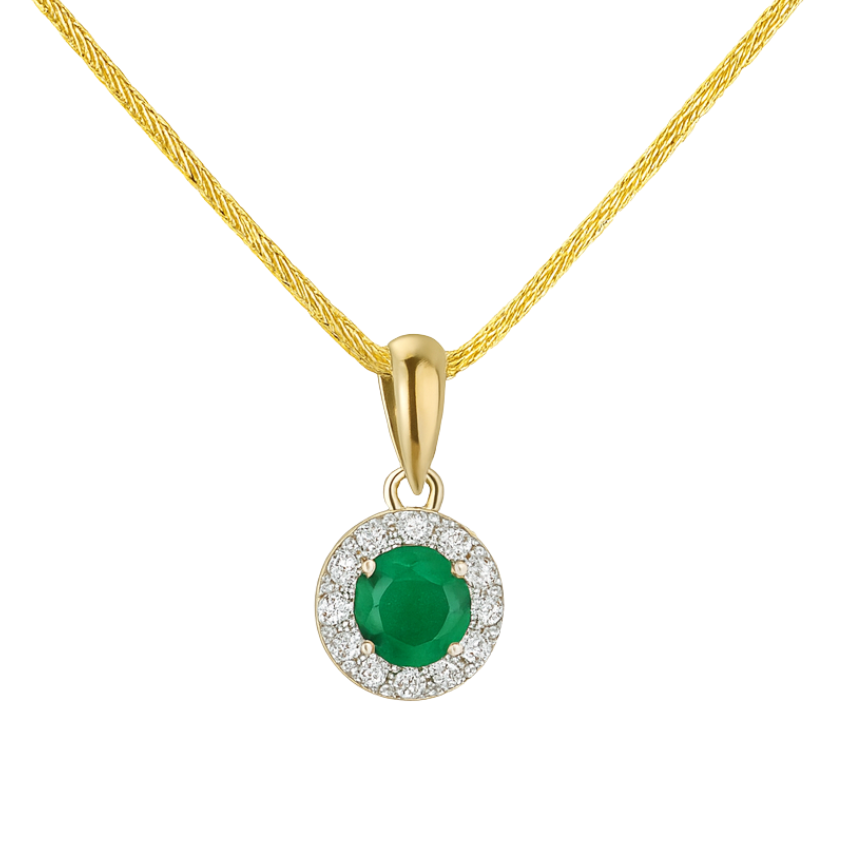 14ct gold emerald and diamond pendant necklace featuring a vibrant green emerald set in a delicate gold chain.