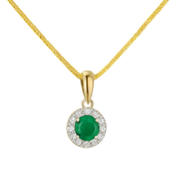 14ct gold emerald and diamond pendant necklace featuring a vibrant green emerald set in a delicate gold chain.