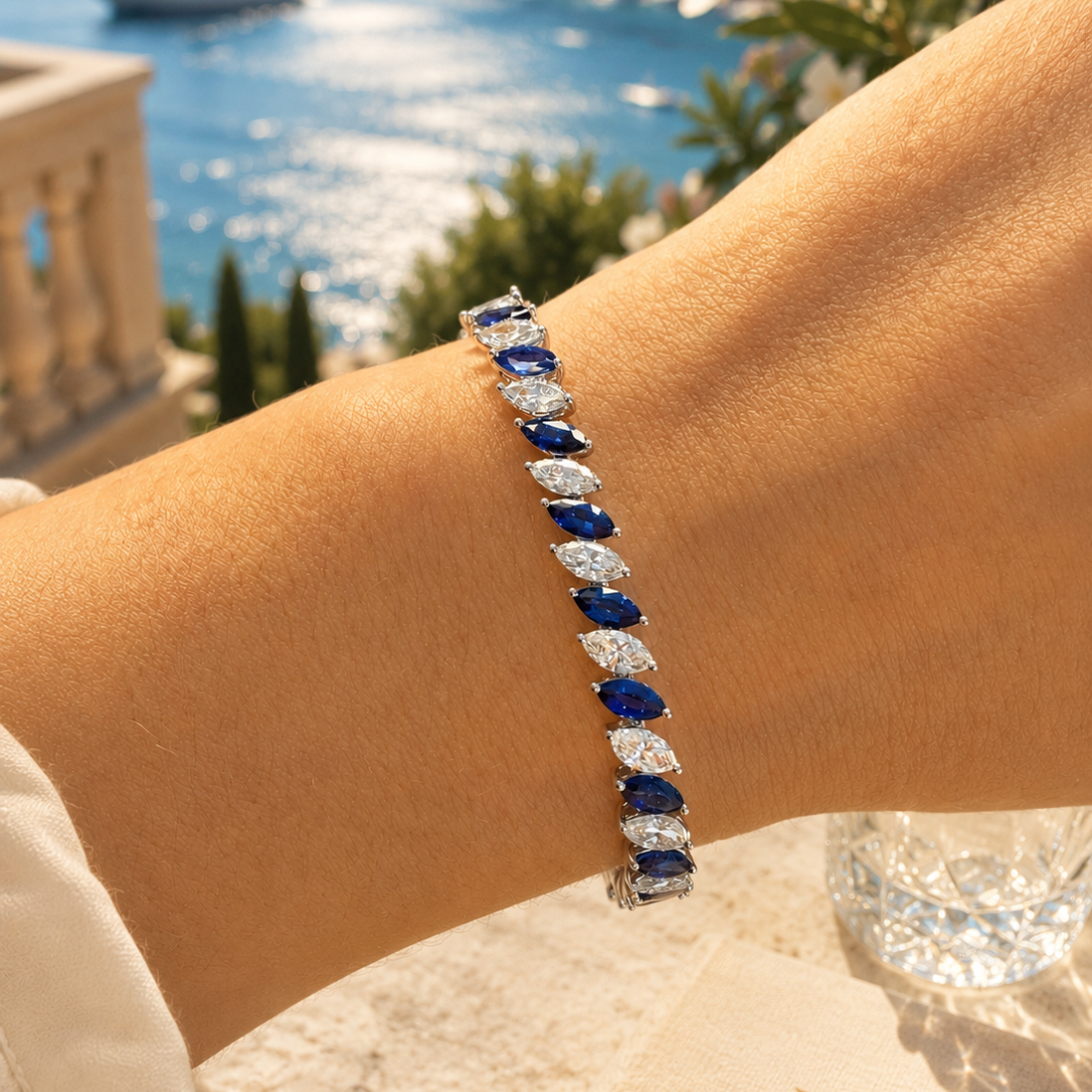 Elegant tennis bracelet with fancy cut stones from Appleby Jewellers Dublin, showcasing intricate design and sparkling gemstones.
