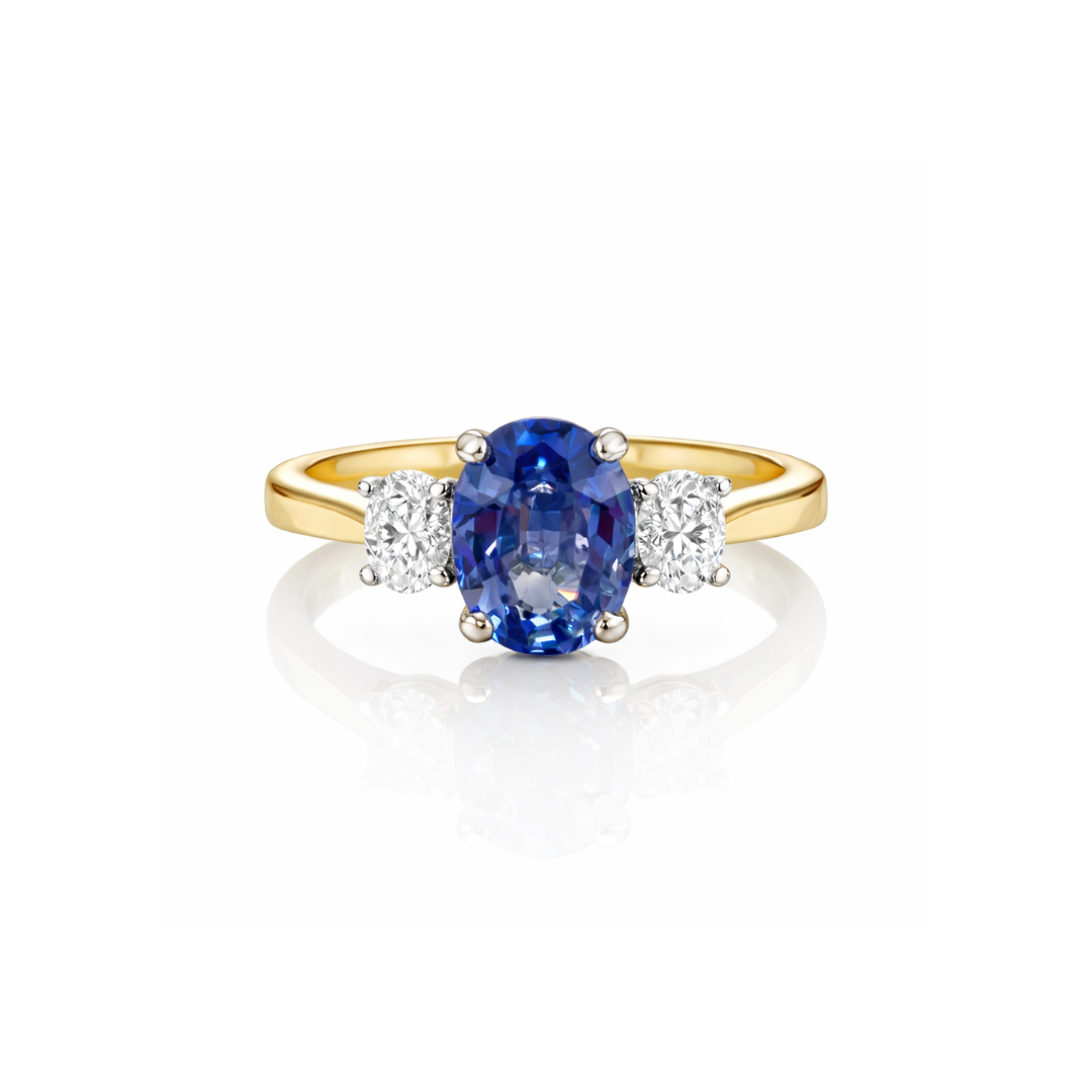 Elegant blue sapphire and diamond trilogy ring from Appleby Jewellers Dublin, featuring 3.30ct sparkling gemstones and fine craftsmanship.