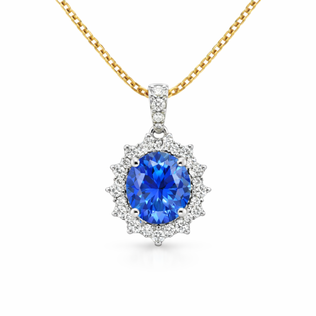 Fine Blue Sapphire & Diamond Halo Pendant