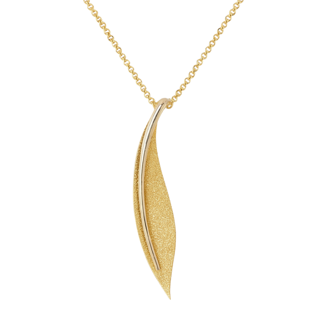 14ct gold leaf pendant necklace with intricate design, crafted by Appleby Jewellers Dublin, showcasing elegant jewelry craftsmanship.
