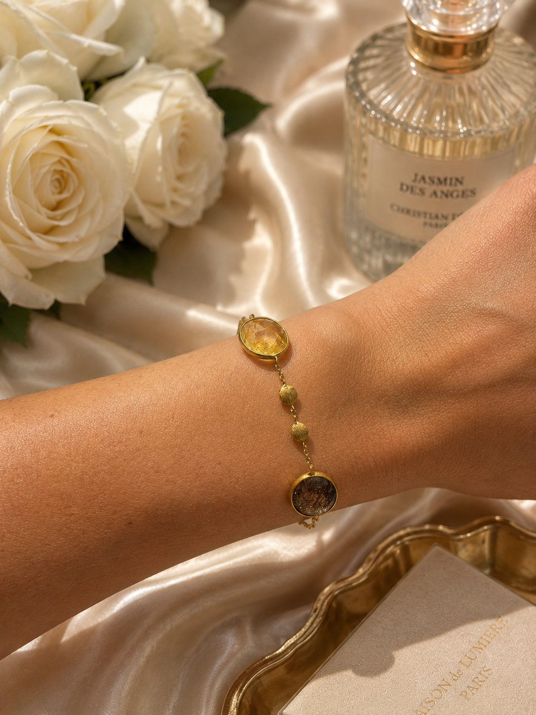 14ct gold quartz bracelet featuring a sleek design with a gold band and a polished quartz stone, styled by Appleby Jewellers Dublin.