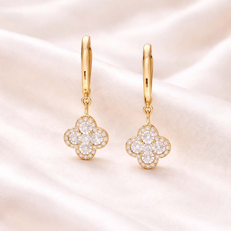 Gold and diamond quarter floral drop earrings with clover design from Appleby Jewellers Dublin.