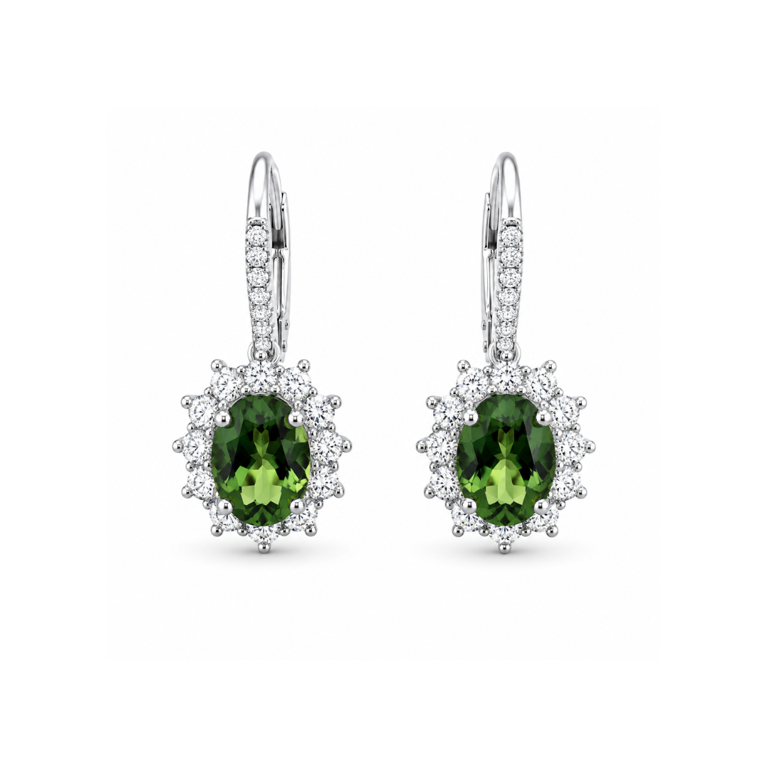 Green sapphire and diamond earrings by Appleby Jewellers Dublin, featuring vibrant green sapphires and sparkling diamonds.