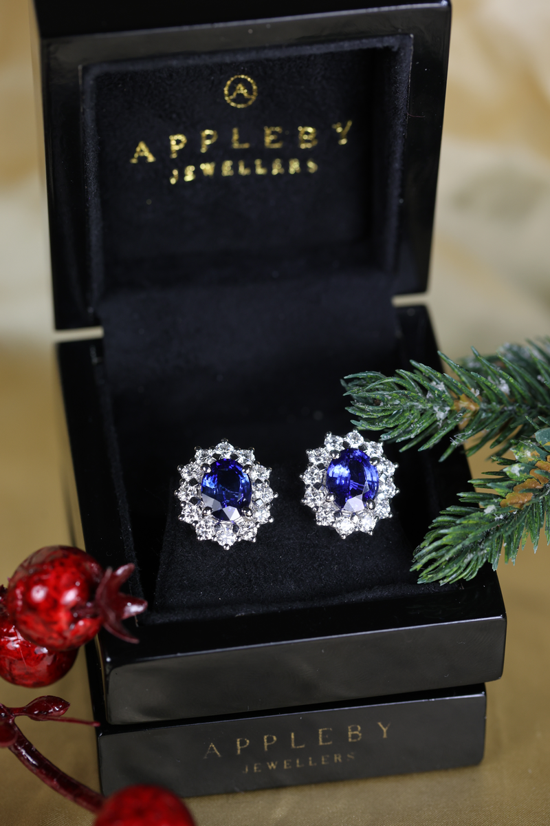 Blue Sapphire & Diamond Halo Earrings