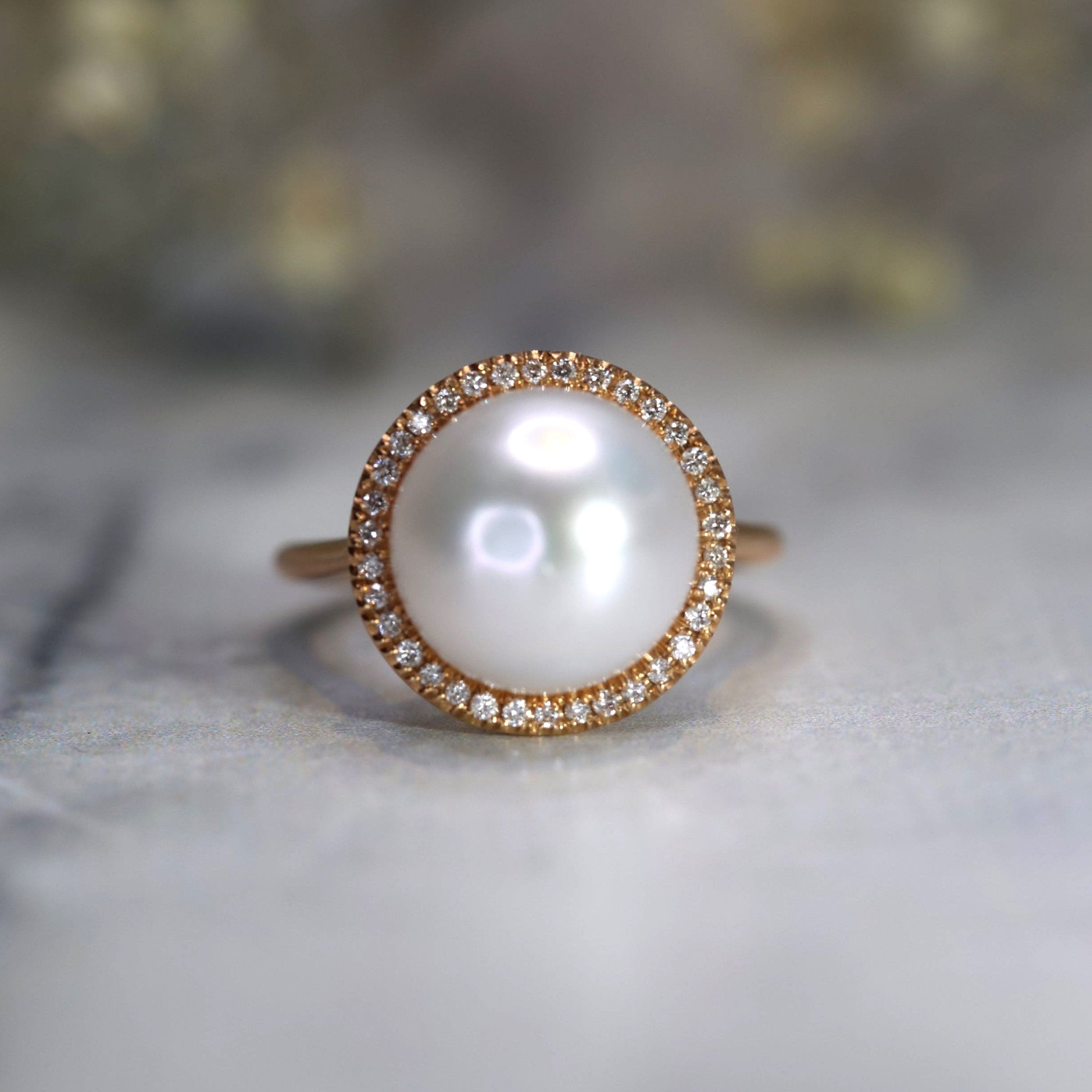 Pearl Dress Ring in Rose Gold with Pavé Diamonds