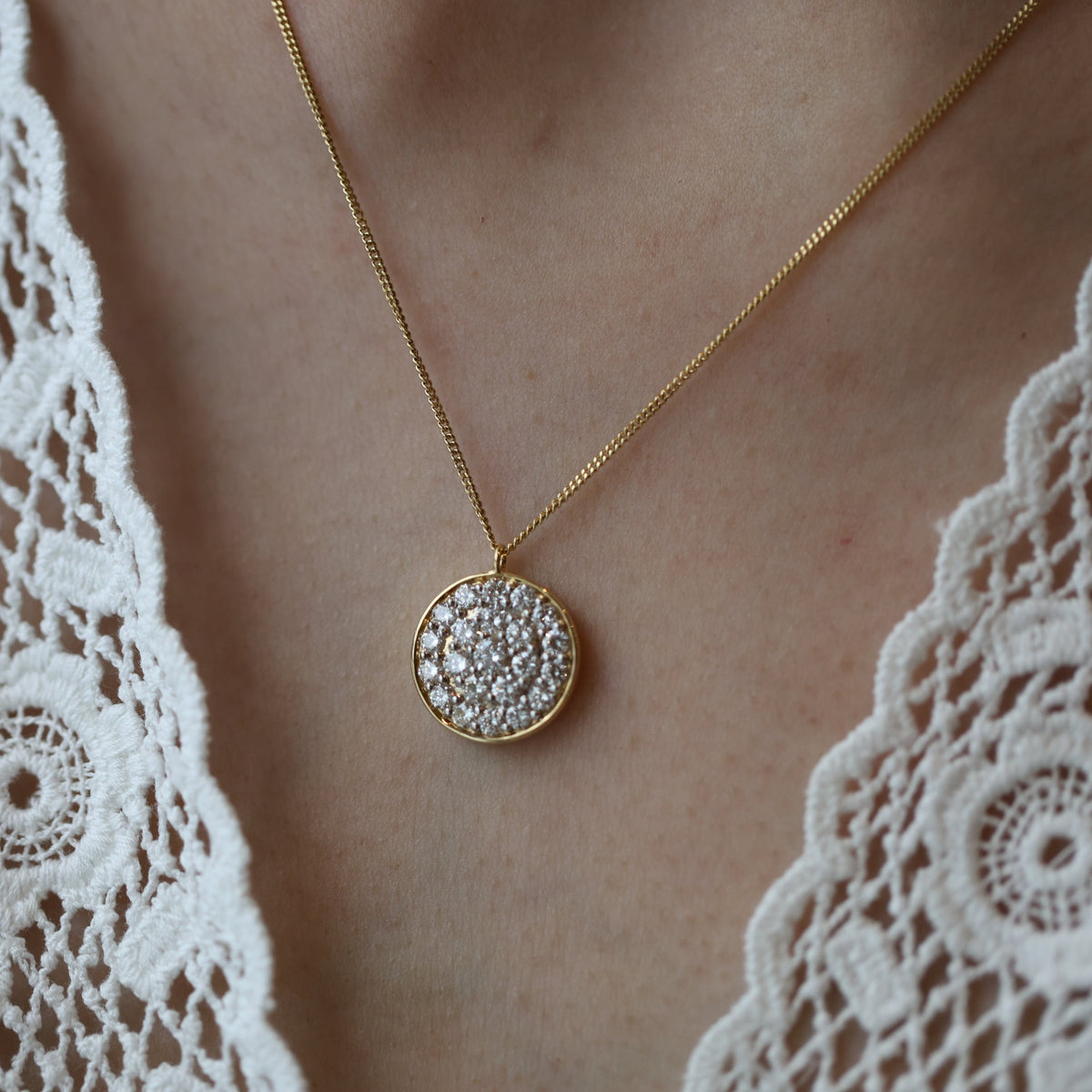 Appleby Diamond Disc Pendant necklace featuring a 2.45ct diamond from Appleby Jewellers Dublin, showcasing the elegant jewelry piece.