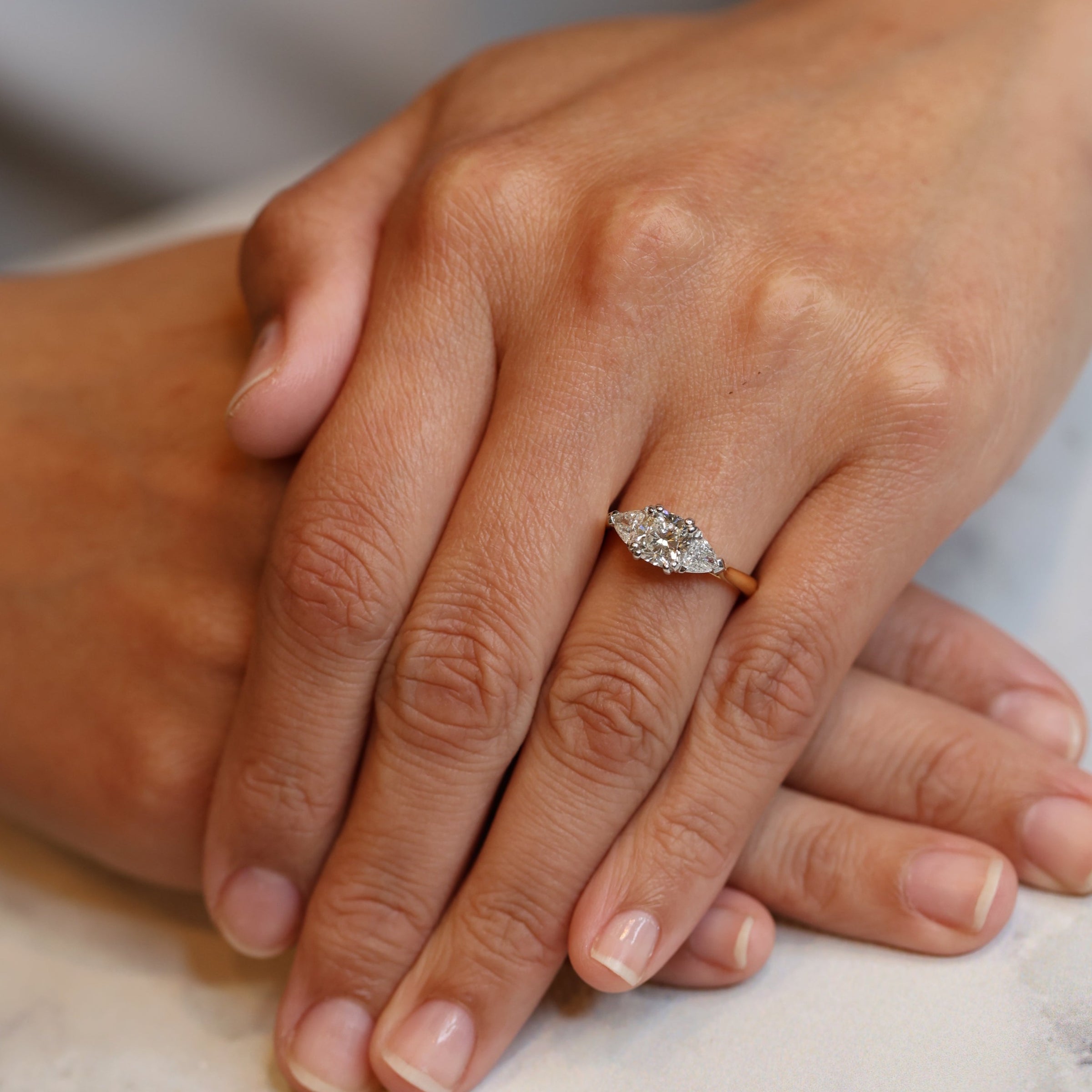 The "Tranquility" Engagement Ring with Cushion Cut & Trilliant Sides