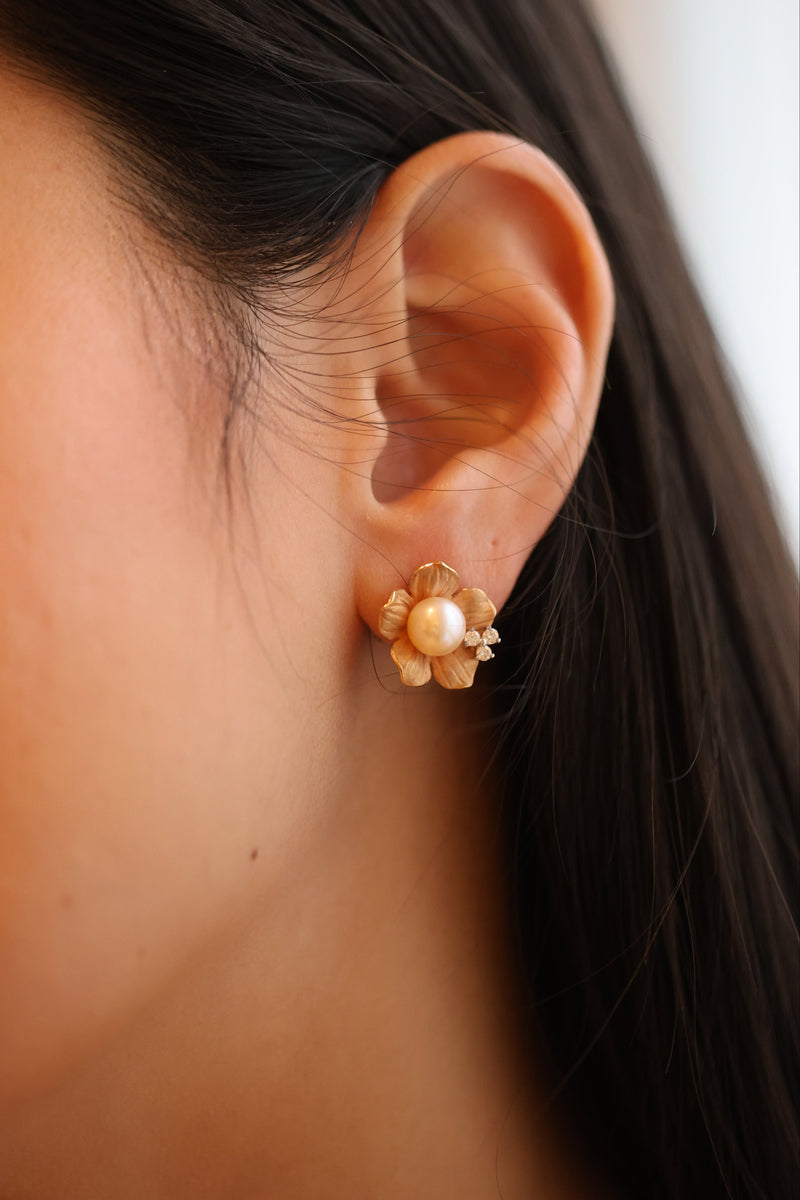 Pearl & Diamond Rose Clip On Earrings