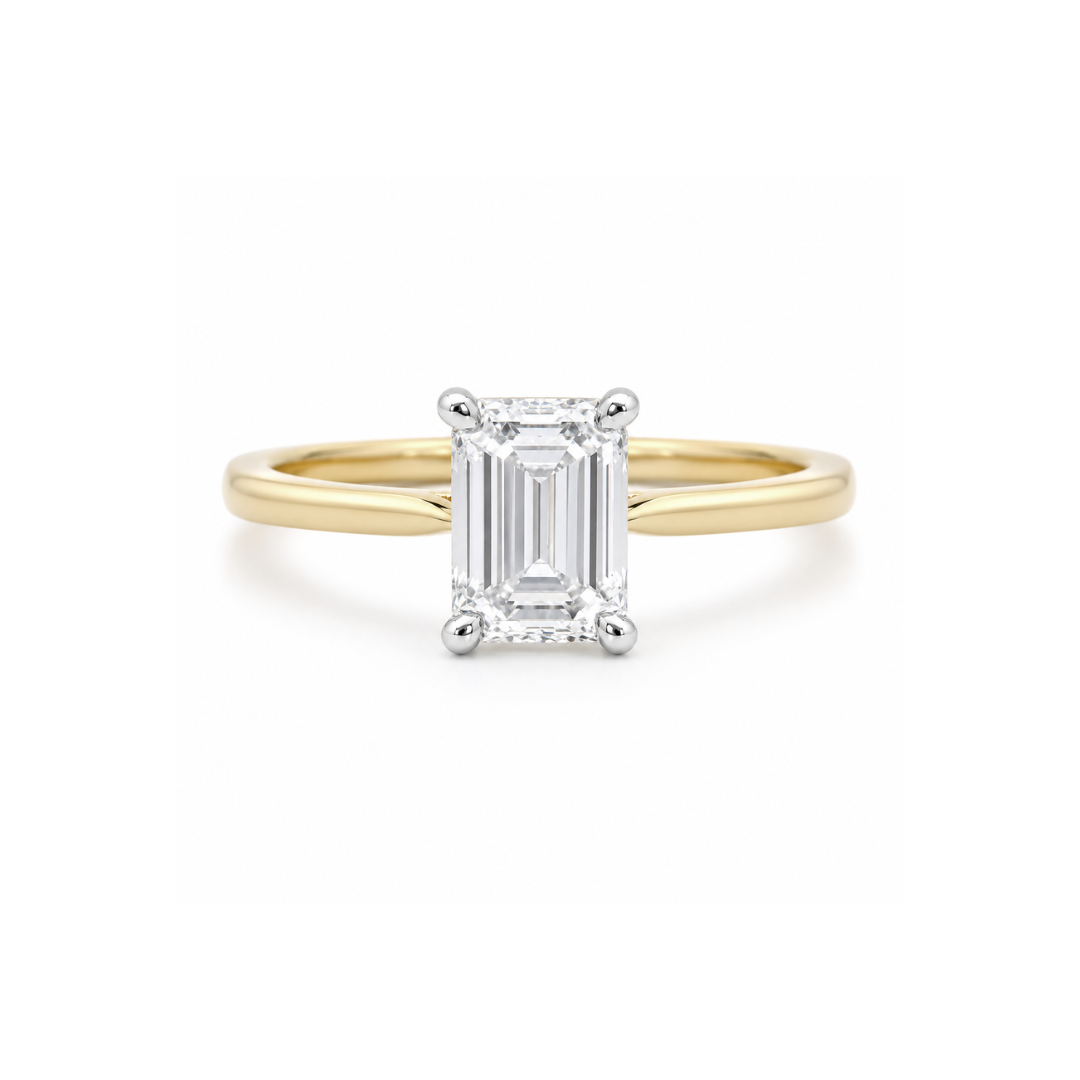 Emerald cut 1.02ct diamond solitaire ring by Appleby Jewellers Dublin featuring a sleek gold band and sparkling gemstone.
