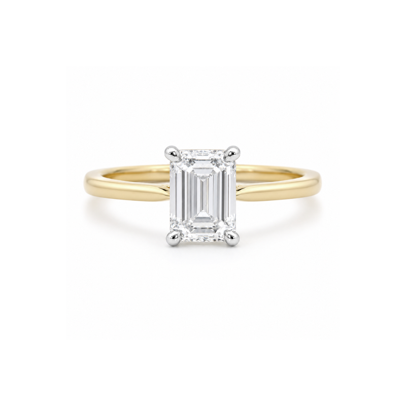 Emerald cut 1.02ct diamond solitaire ring by Appleby Jewellers Dublin featuring a sleek gold band and sparkling gemstone.