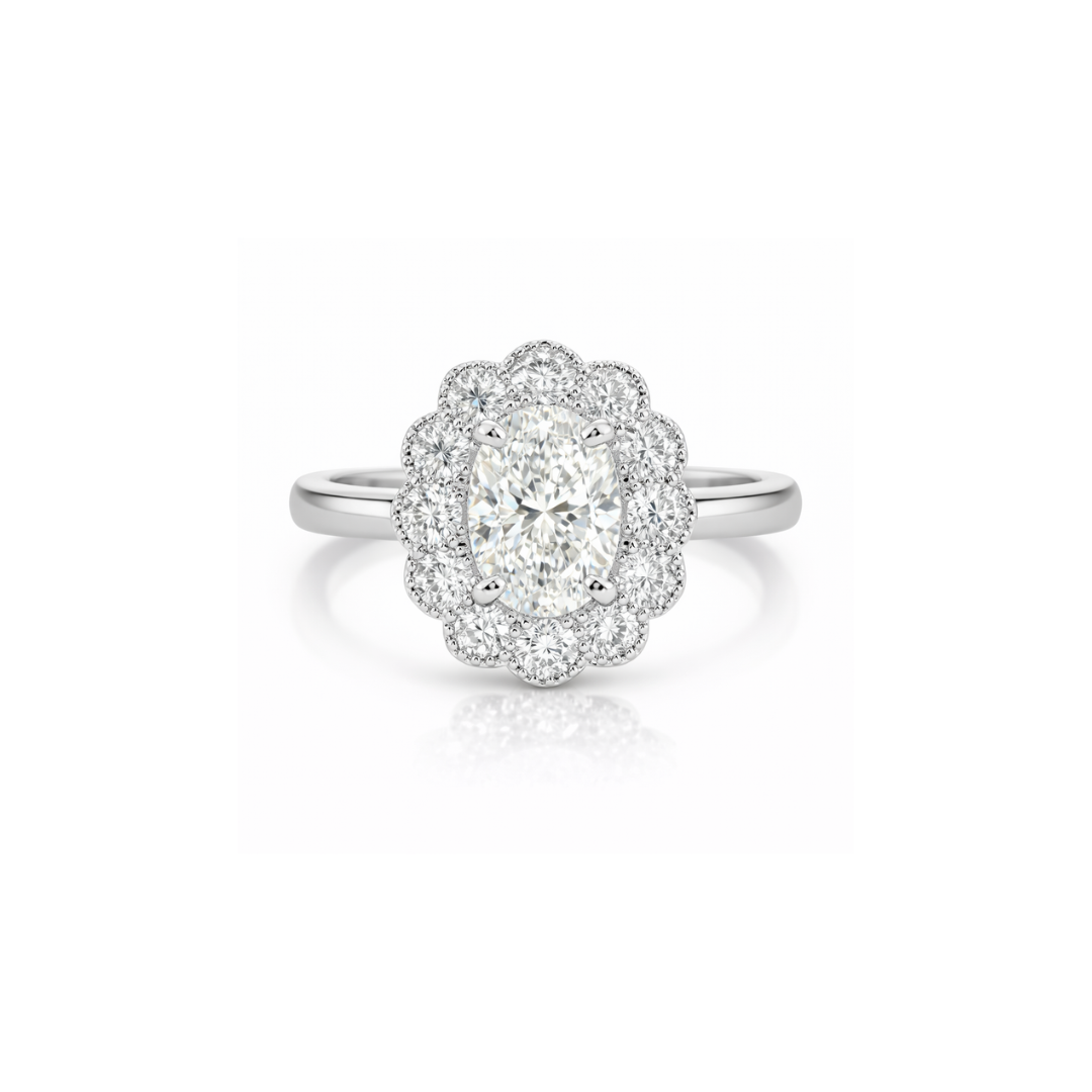 Elegant diamond ring with a 0.95-carat central stone from the Kate Flower Platinum collection by Appleby Jewellers Dublin.