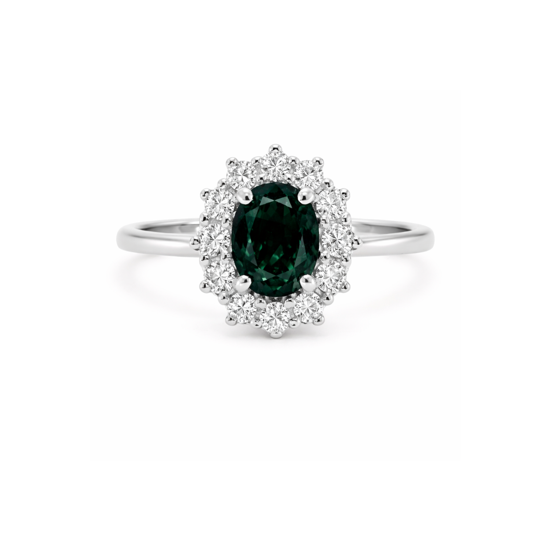 Green sapphire engagement ring named the Kate with a diamond band by Appleby Jewellers Dublin, showcasing its vibrant gemstone and elegant setting.