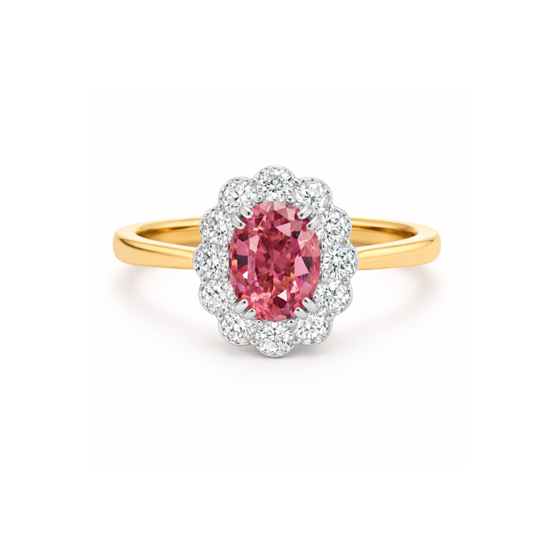 Pink Padparadscha sapphire diamond ring from Kate Flower collection by Appleby Jewellers Dublin, featuring a delicate floral design.