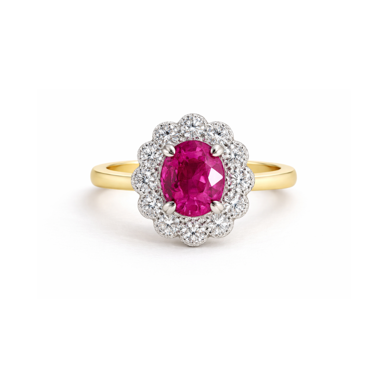 Pink sapphire diamond ring called The Kate Flower by Appleby Jewellers Dublin featuring a 1.21ct pink sapphire centerpiece.