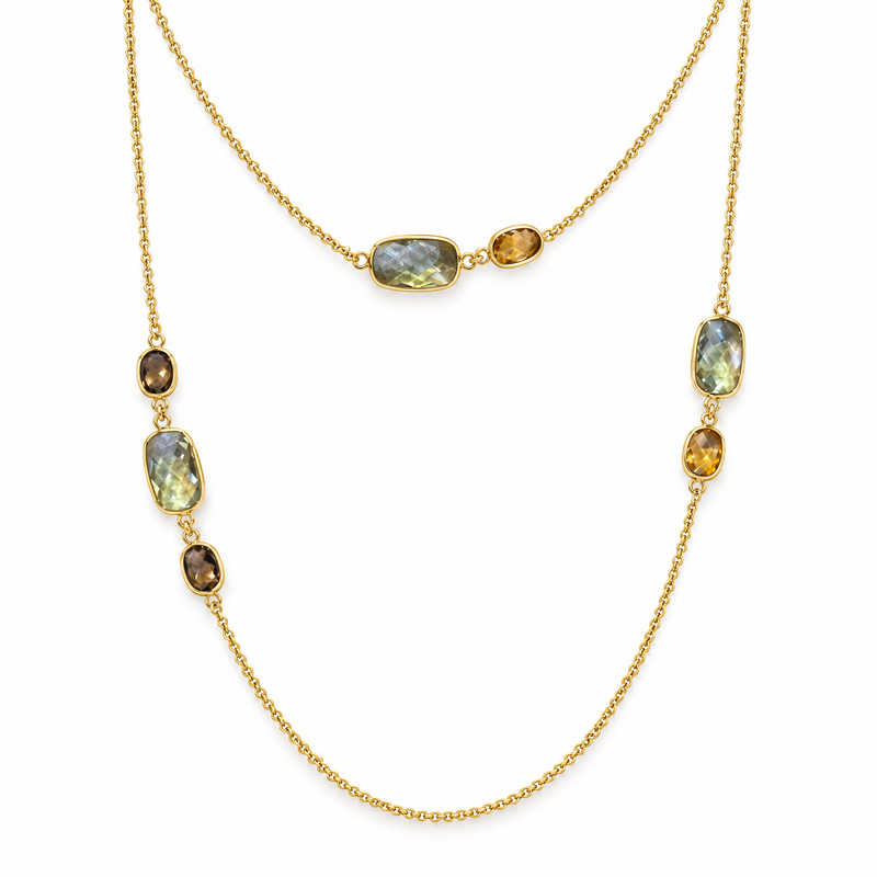 Watercolour gemstone necklace with gold chain and gemstone stations, 35 inches long, by Appleby Jewellers Dublin