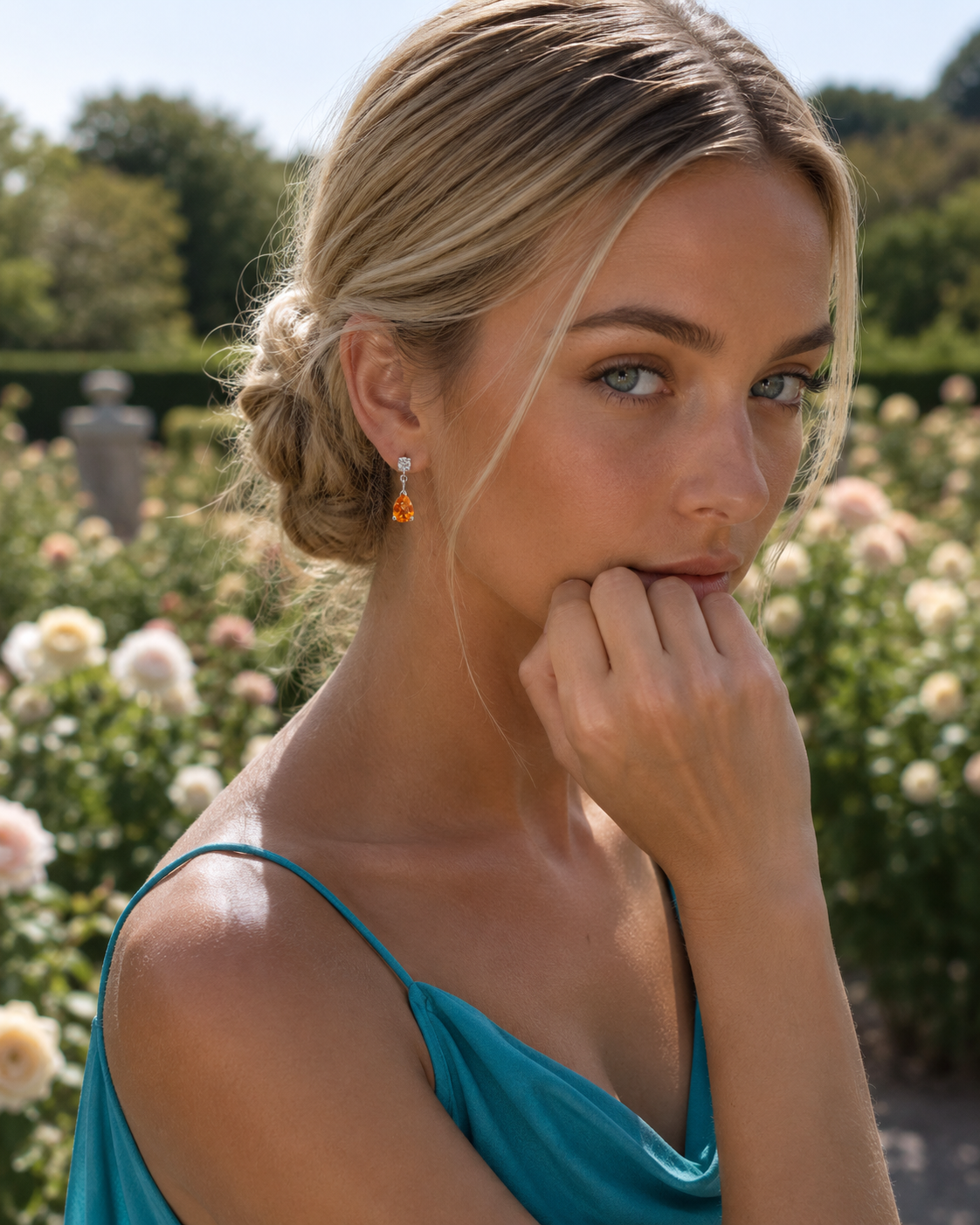 Orange Topaz & Diamond Drop Earrings – 18ct White Gold