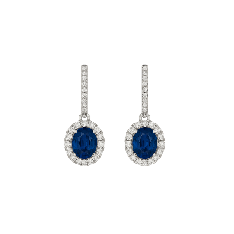 Oval blue sapphire and diamond drop earrings by Appleby Jewellers Dublin featuring elegant gemstone and sparkle design.