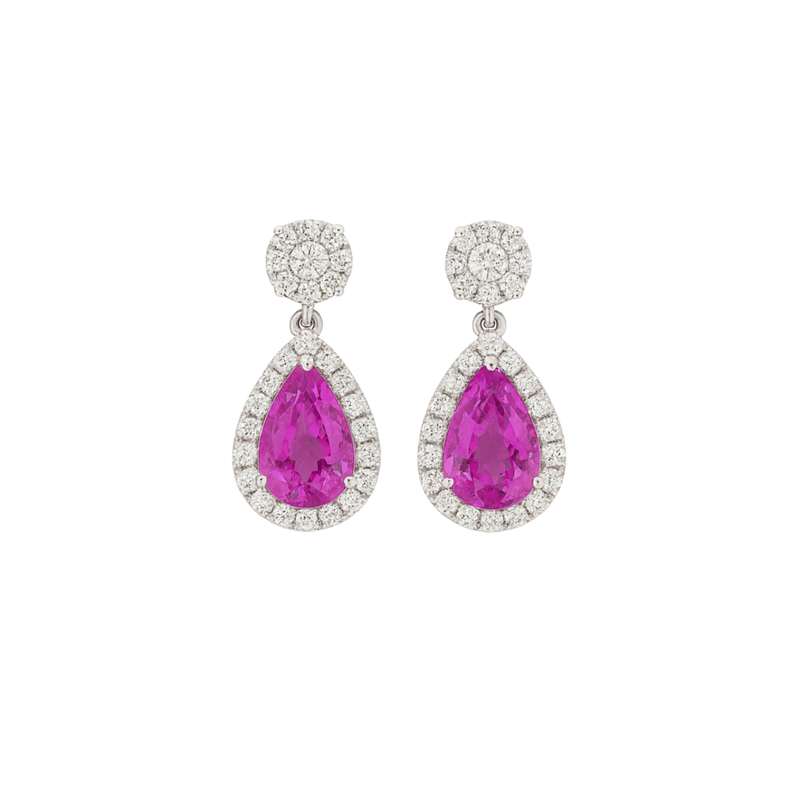 Pink sapphire and diamond drop earrings from Appleby Jewellers Dublin showcasing elegant jewelry design.