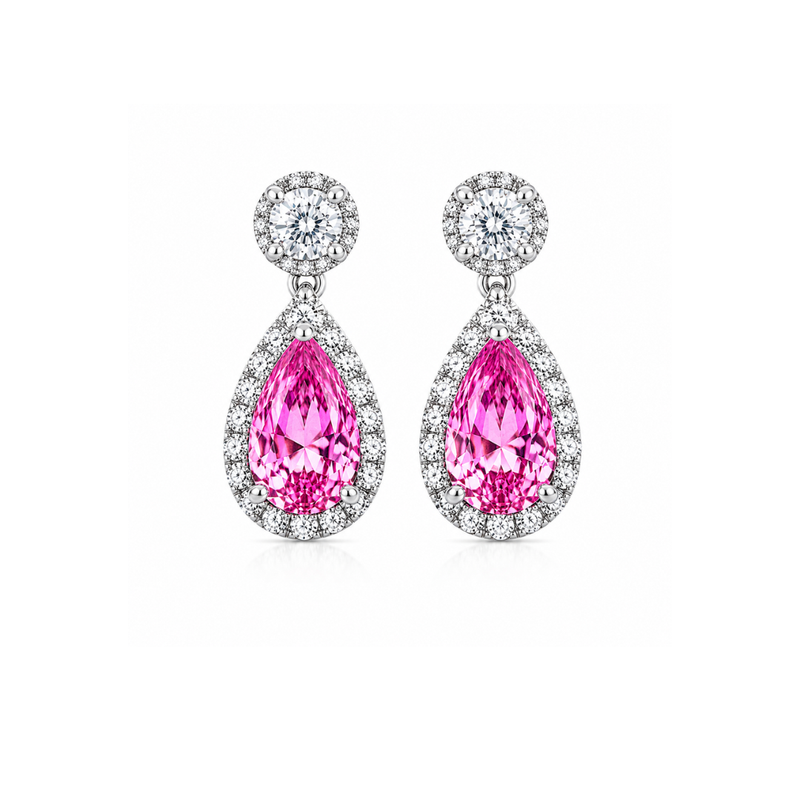 Pink sapphire and diamond drop earrings featuring elegant design, crafted by Appleby Jewellers Dublin.