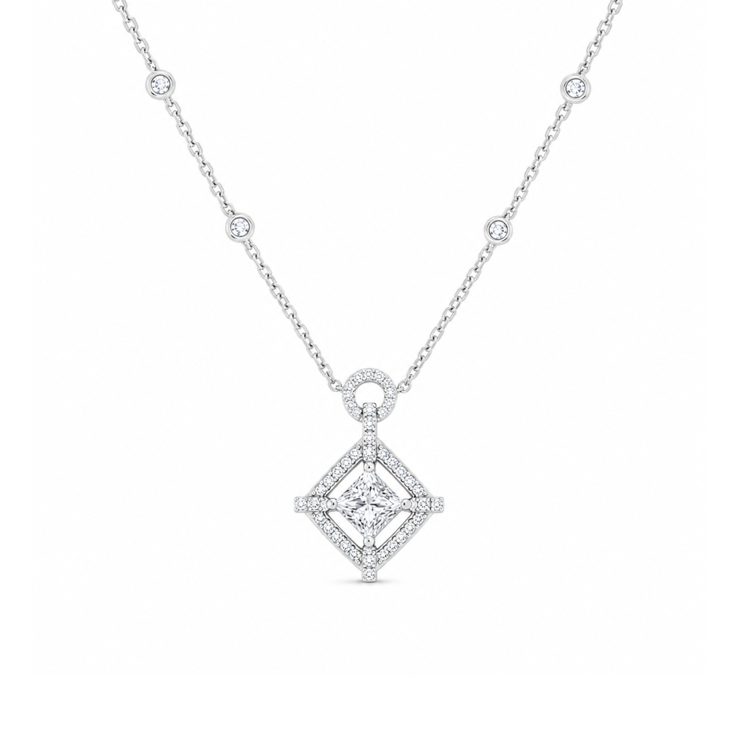 Princess Cut Diamond Halo Pendant with Diamond Chain