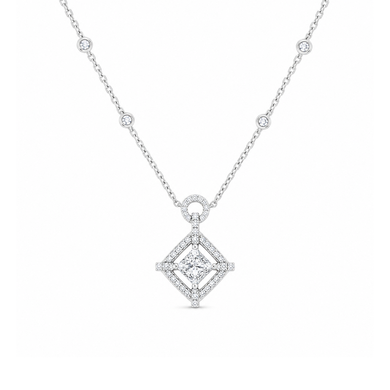 Princess Cut Diamond Halo Pendant with Diamond Chain