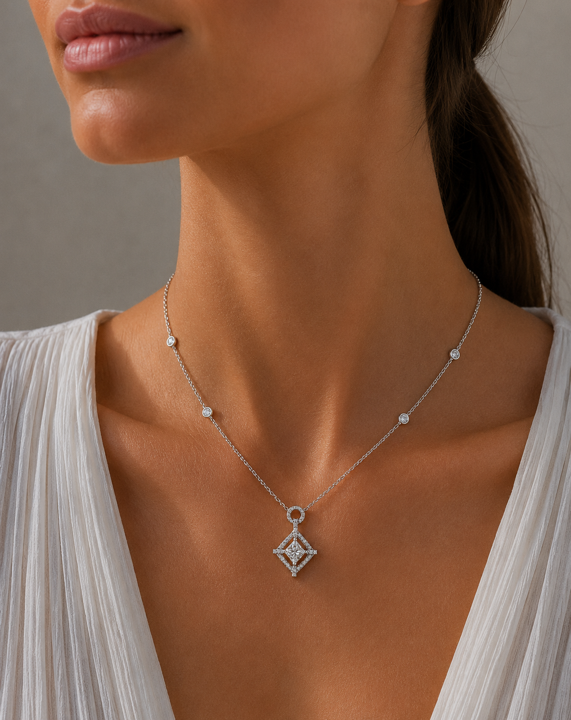 Princess Cut Diamond Halo Pendant with Diamond Chain