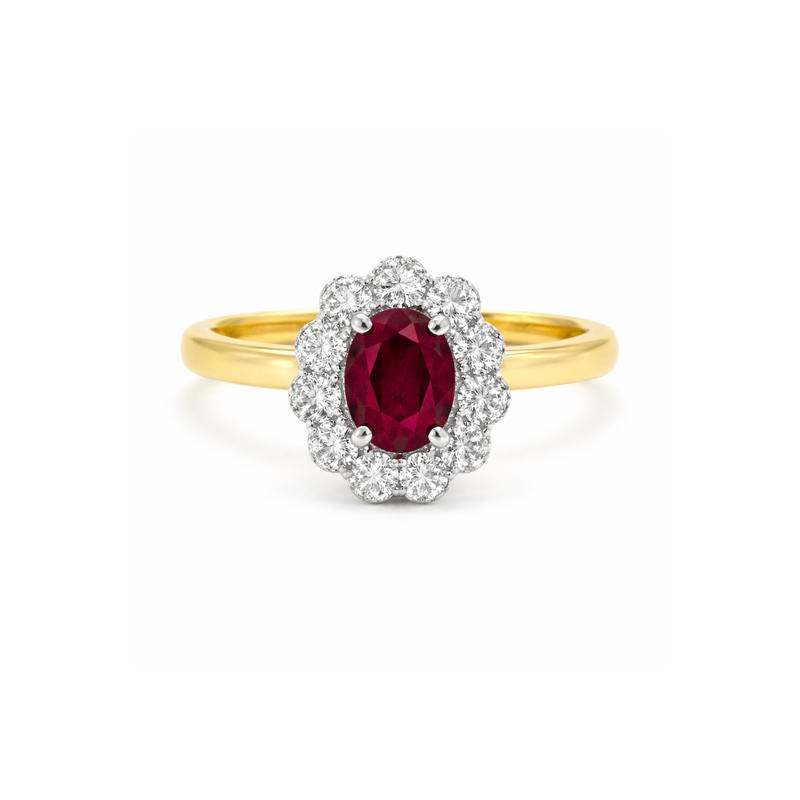 Elegant ruby halo diamond ring by Appleby Jewellers Dublin featuring a central ruby surrounded by sparkling diamonds.