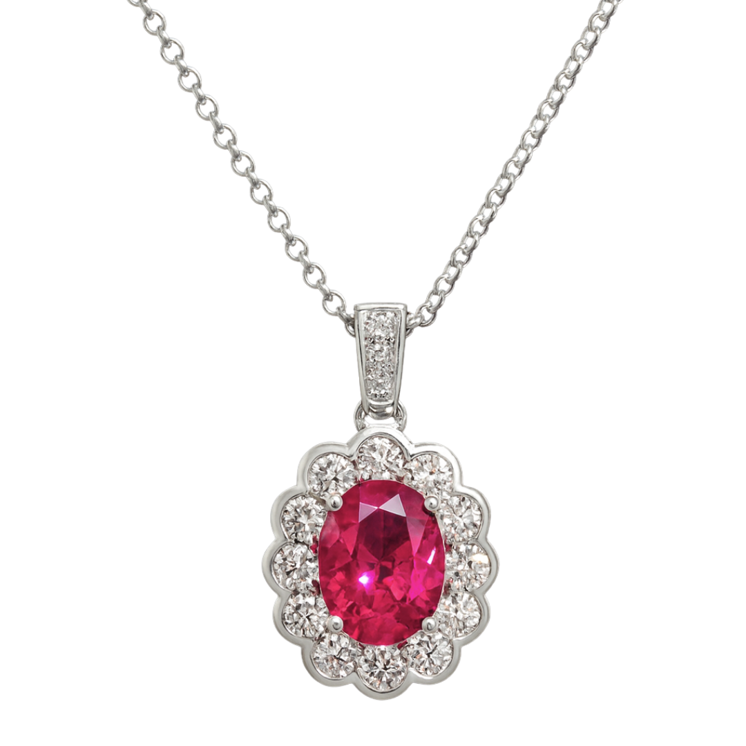 Gold Ruby and diamond cluster pendant necklace by Appleby Jewellers Dublin featuring a sparkling gemstone design.
