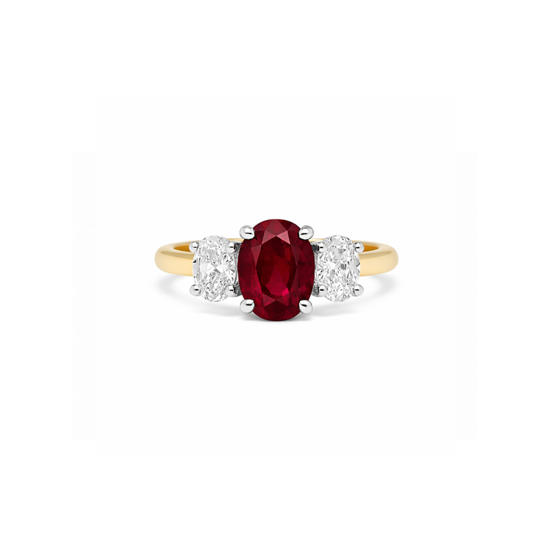 Elegant Ruby and diamond Trinity ring featuring 1.85 carats from Appleby Jewellers Dublin, showcasing vibrant gemstones and intricate design.