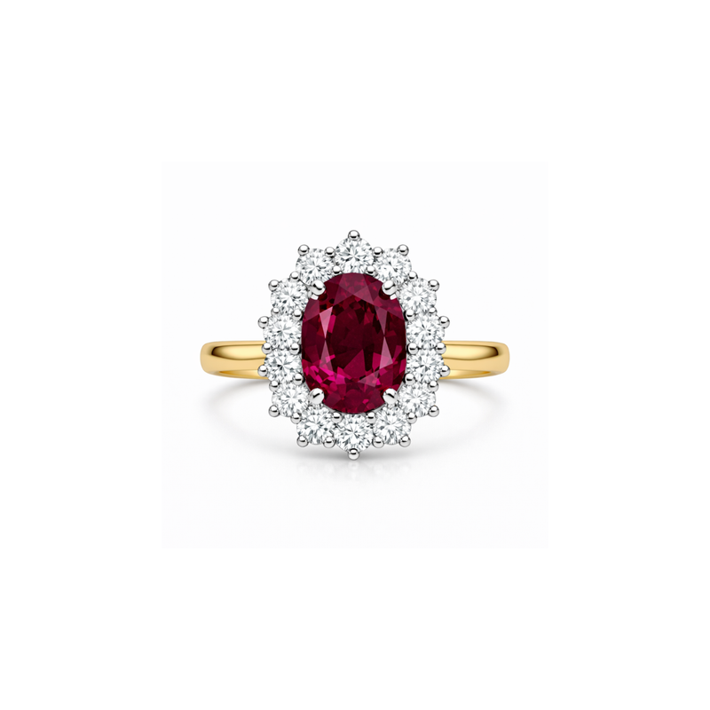 Elegant ruby diamond halo ring featuring a 3.12ct ruby and sparkling diamonds, crafted by Appleby Jewellers Dublin.