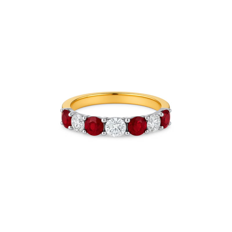 Elegant Ruby and Diamond Nine Stone Ring by Appleby Jewellers Dublin, featuring a row of vibrant rubies and sparkling diamonds.