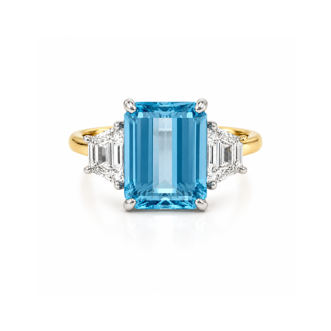 Santa Maria aquamarine and trapeze diamond trilogy ring by Appleby Jewellers Dublin, featuring a central aquamarine gemstone with diamond accents.