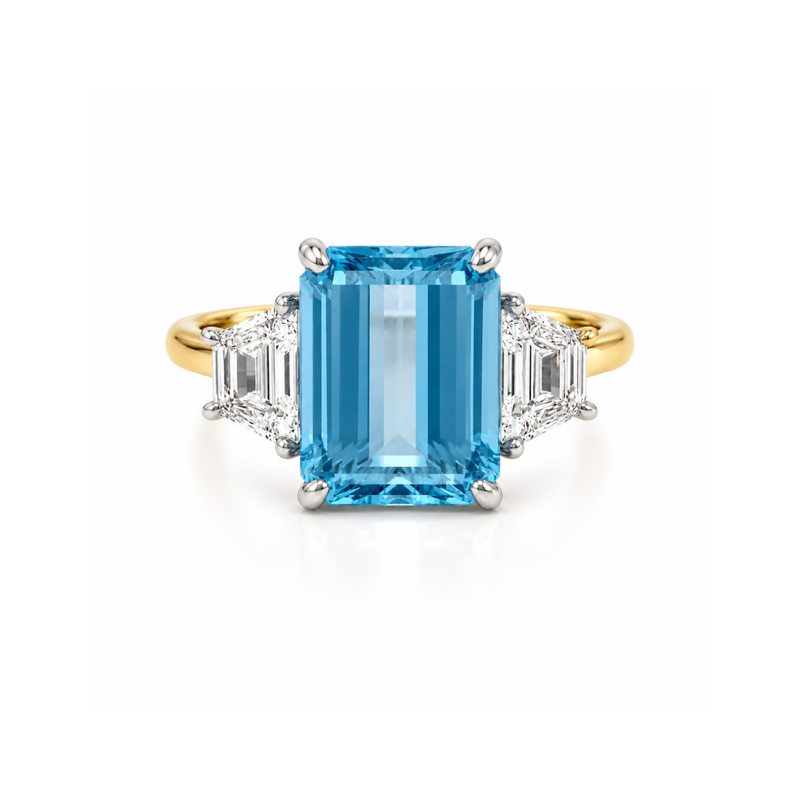 Santa Maria aquamarine and trapeze diamond trilogy ring by Appleby Jewellers Dublin, featuring a central aquamarine gemstone with diamond accents.