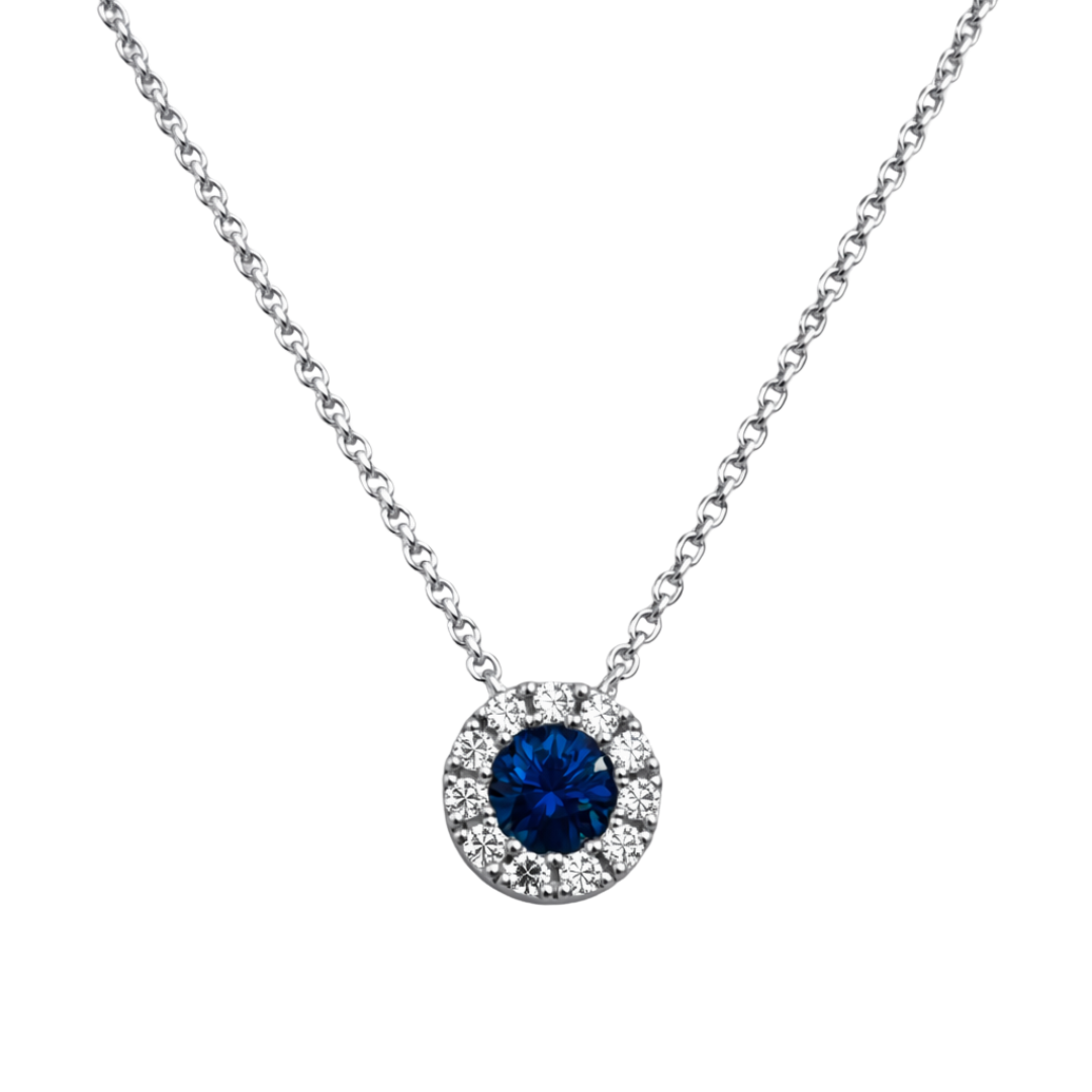 Sapphire & Diamond Halo Pendant Necklace