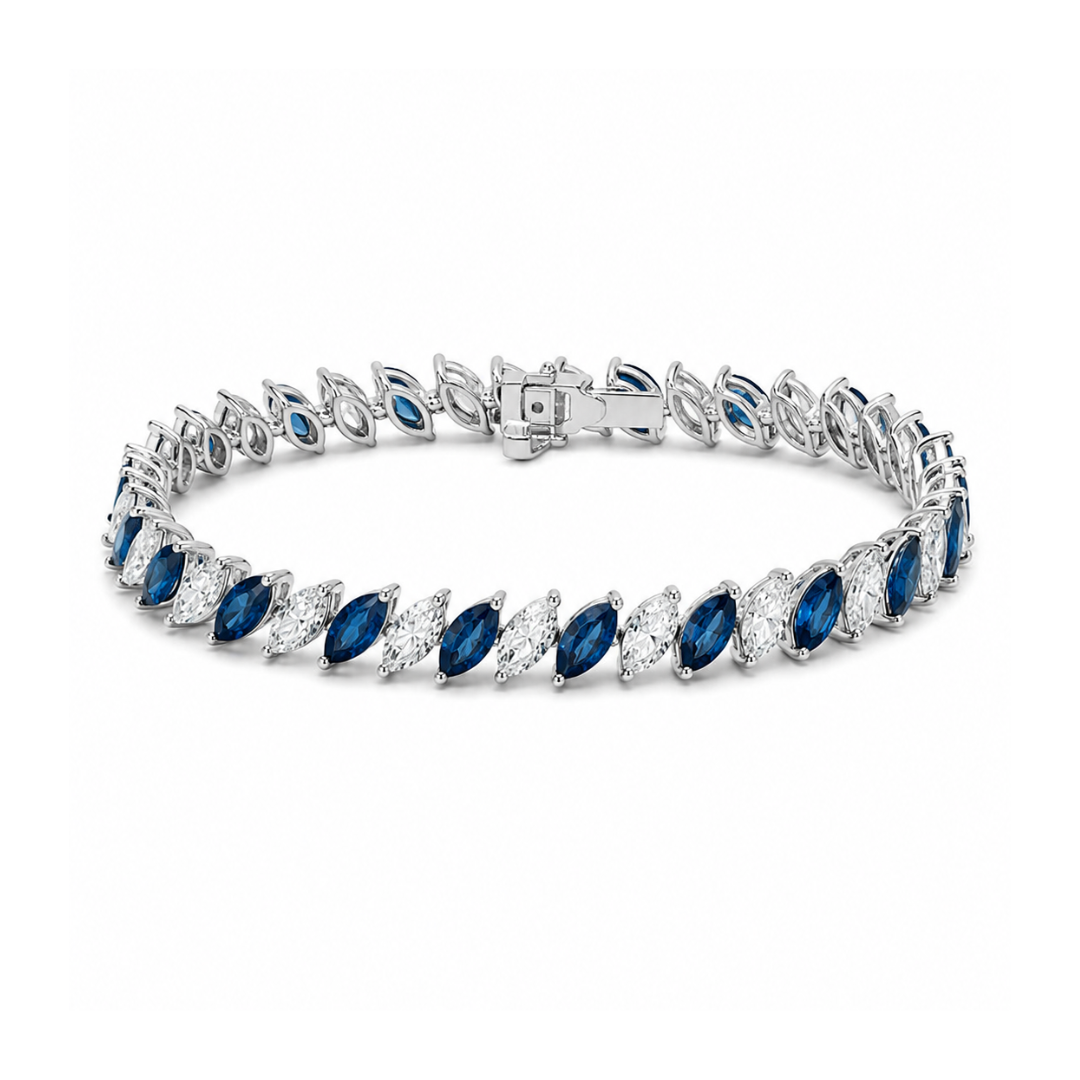 Elegant sapphire and diamond tennis bracelet by Appleby Jewellers Dublin, featuring sparkling gemstones and a polished silver setting.